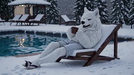 wolf in a winter wonderland by the pool
