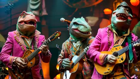 a group of dinosaurs dressed in suits playing guitars and singing