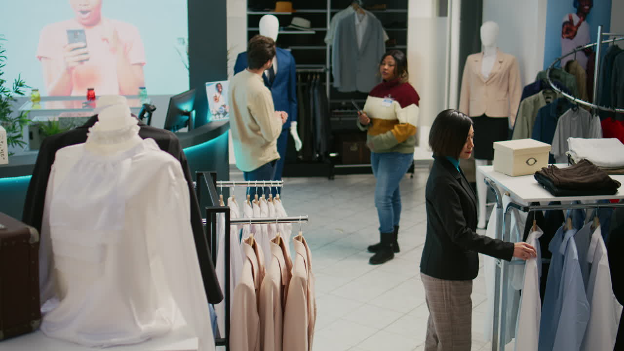 Clothing store with mannequins and customers