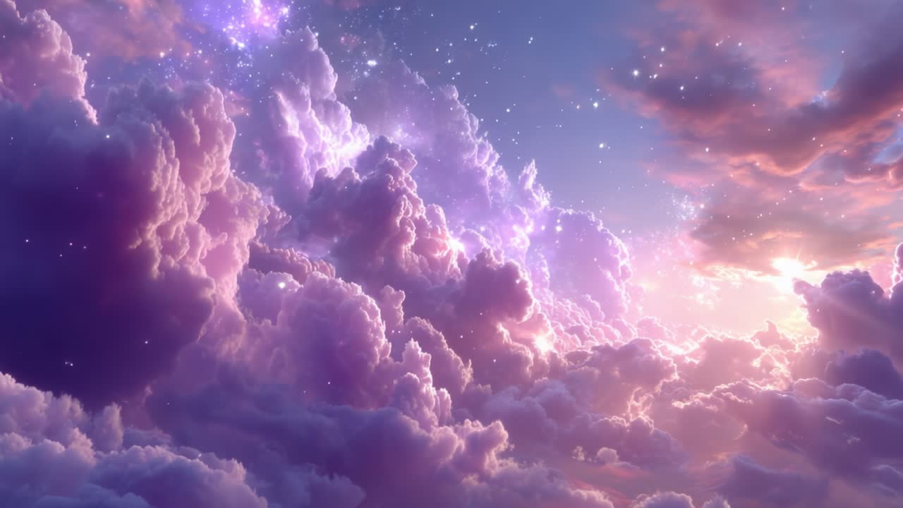 A breathtaking view of a dreamy sky filled with vibrant purple clouds, illuminated by soft sunlight, creating a serene and fantastical atmosphere during twilight hours