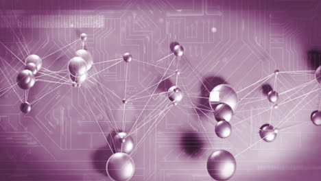 animación del efecto de glitch en las estructuras moleculares, conexiones de microprocesador en fondo púrpura