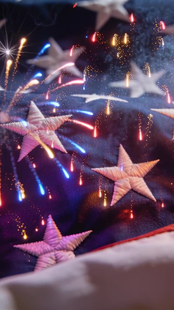 Video verticale: Fuochi d'artificio lanciati dietro una bandiera americana, illuminando stelle bianche e pieghe del tessuto.