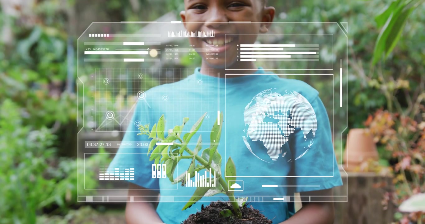 Boy holding seedling while camera pulling back, HUD overlaying charts and globe, teaching gardening