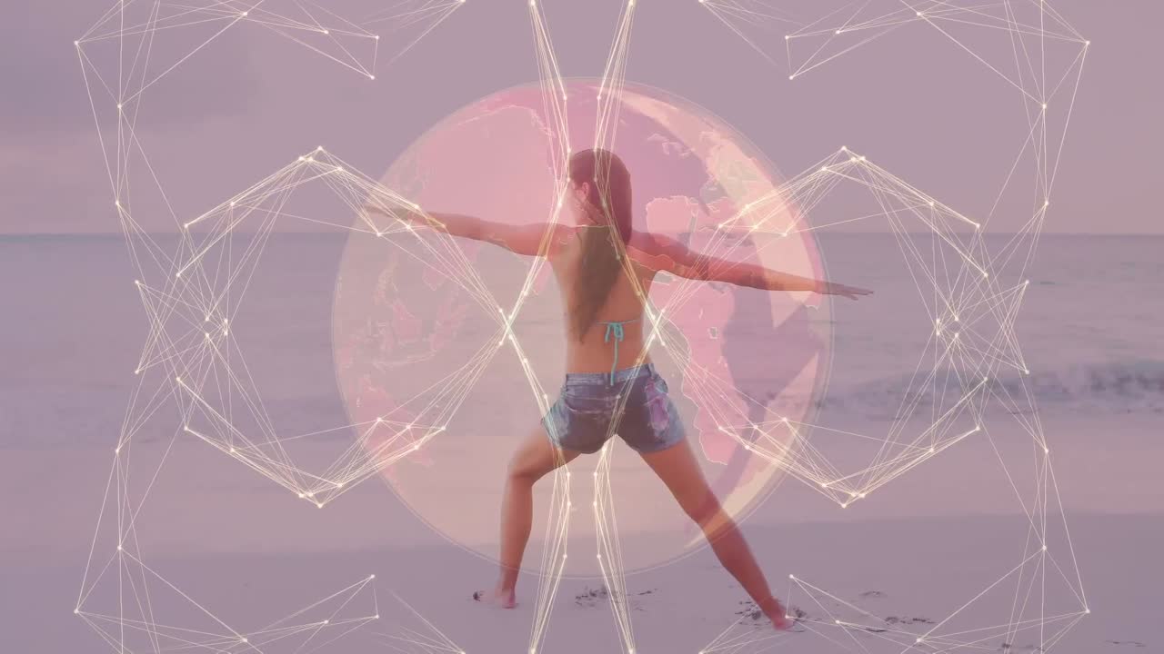 animación del globo y conexiones sobre mujer caucásica practicando yoga en el mar