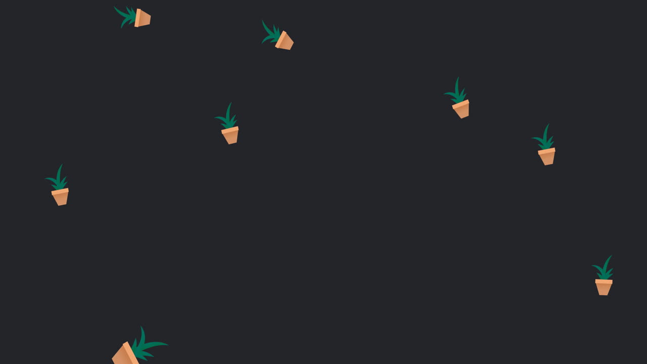 Animation of illustration of houseplants in pots falling on black background