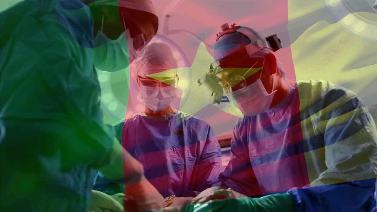 Animation of flag of cameroon over diverse doctors during surgery
