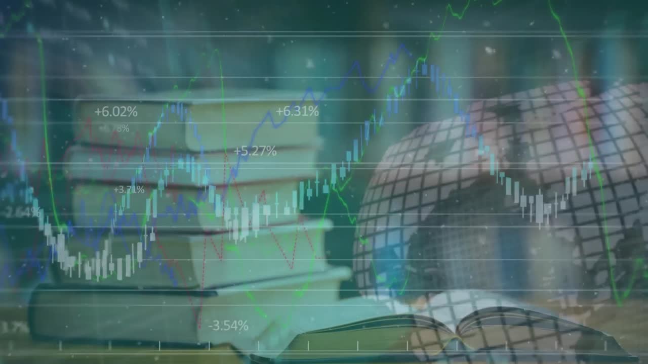 animación de gráfico financiero y datos sobre libros y globo giratorio