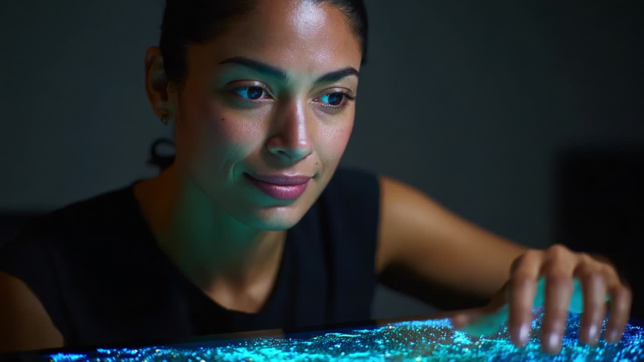 A woman intently observes a glowing, vibrant surface shimmering with moving patterns of light and color, reflecting her fascination and curiosity as she places her hand gently on the enchanting display