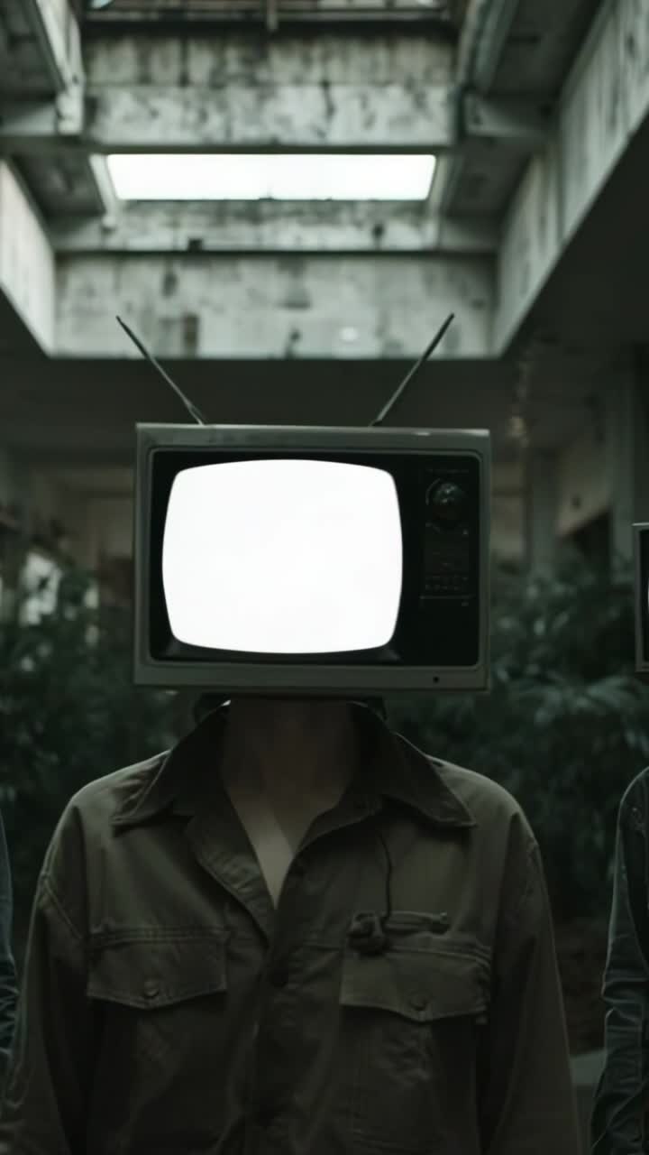 Vertical video: Walking green-shirted trio entering atrium, stopping under skylight with CRT-heads