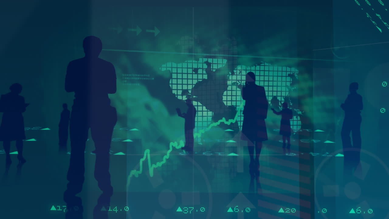 Animation of business people with world map and financial data processing