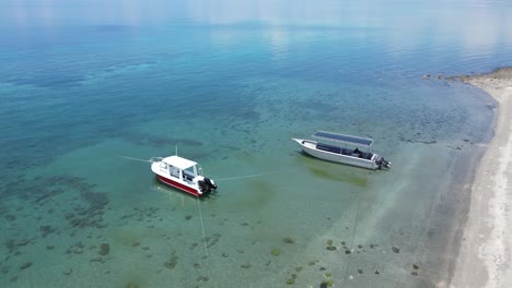 boats anchored in shallow clear water along a quiet beach in dili, timor-leste during the day