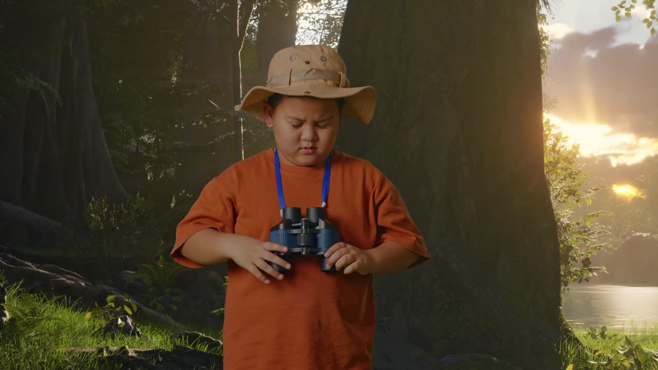 niño asiático con un sombrero que tiene dolor de cabeza después de mirar a través de los binoculares. niño investigador examina algo mientras explora la naturaleza del bosque, concepto de aventura de turismo de viaje