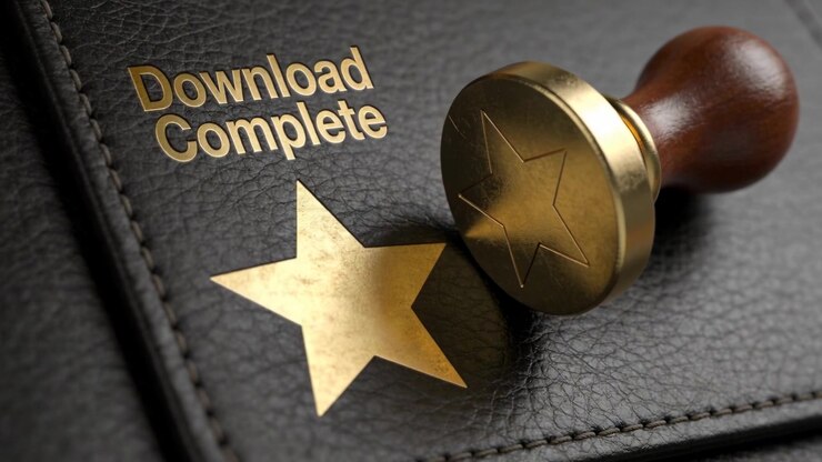 Timbro in ottone rotante che si allinea con una stella d'oro su pelle nera per goffrare, Download completato