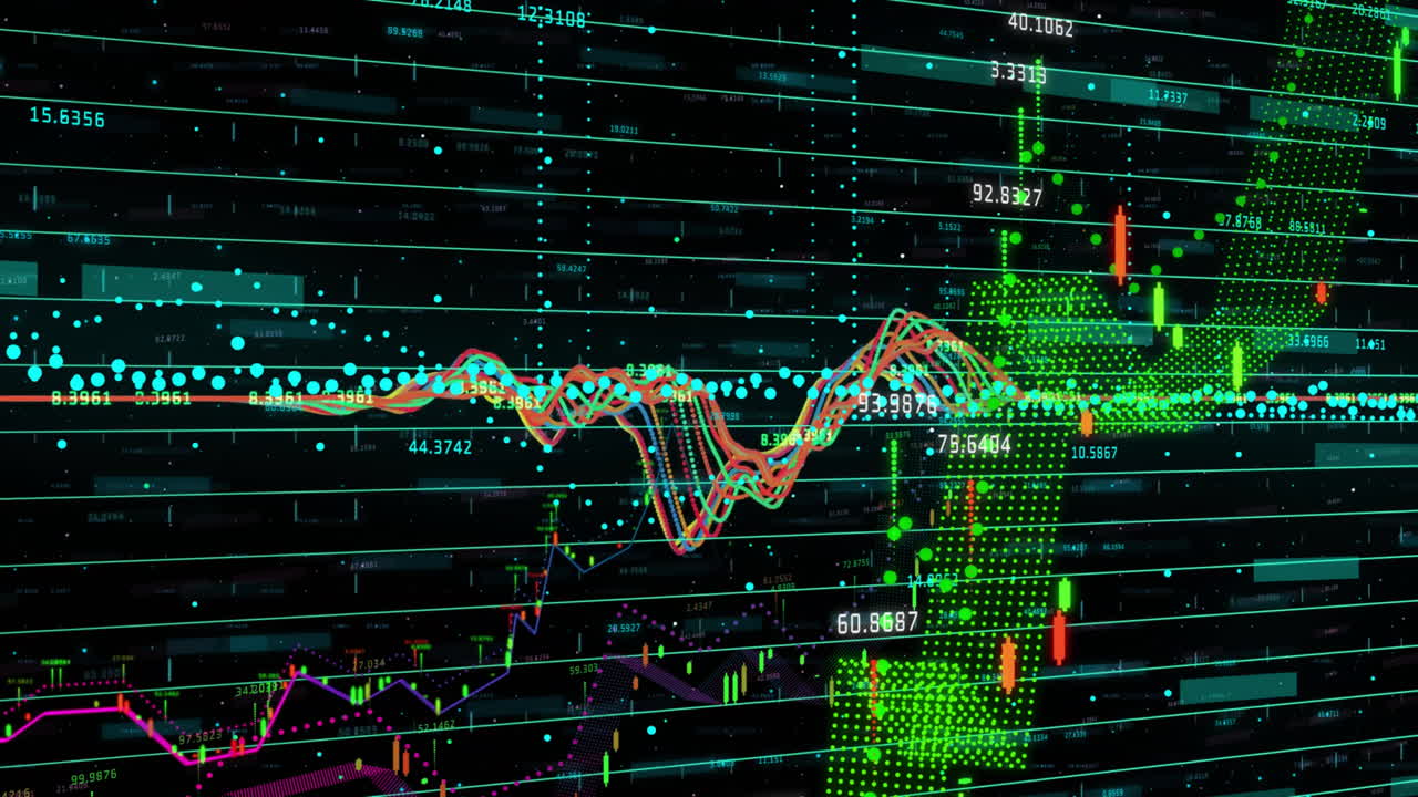 Animation of financial data processing over grid on dark background