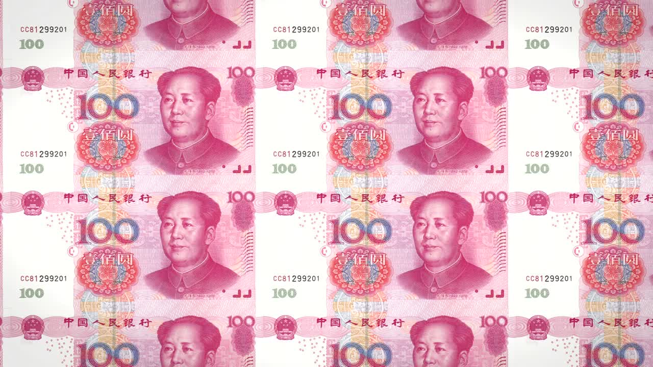 Billetes de cien renminbi chinos rodando en pantalla, dinero en efectivo, bucle.