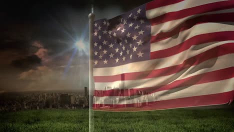 Animación-Digital-De-La-Bandera-Americana-Ondeando-En-La-Ciudad-4k