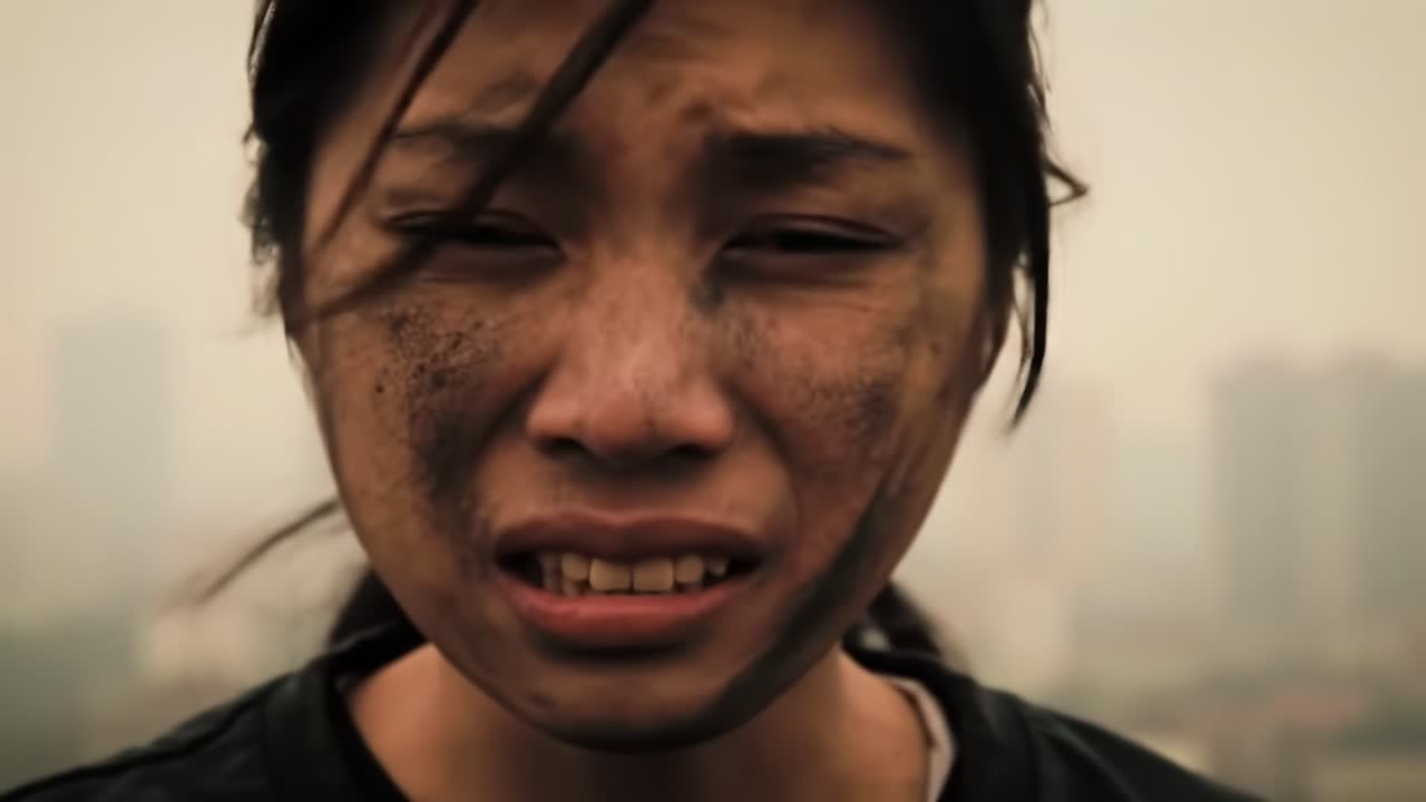 Emotionally Charged Scenes of Struggle and Resilience: A Character's Pained Expressions Captured in Raw Authenticity Amidst a Gloomy Urban Landscape