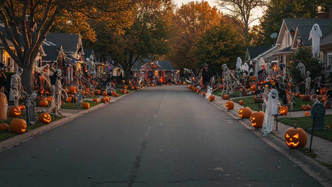 A Spooky Halloween Gathering: Enchanting Decorations Illuminate a Neighborhood Street Filled with Pumpkins and Ghoulish Figures as the Autumn Sun Sets