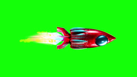 the red rocket is going through space in a looped 3d rendering animation created in 3d rendering. isolated on green screen background with a luma matte in the end section.