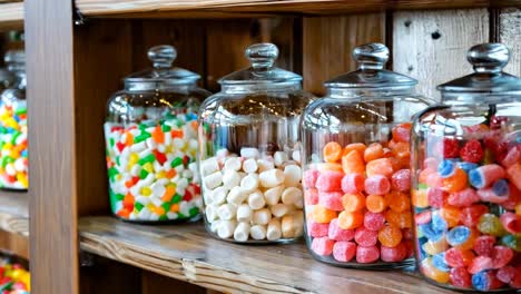 a shelf filled with lots of different colored candies