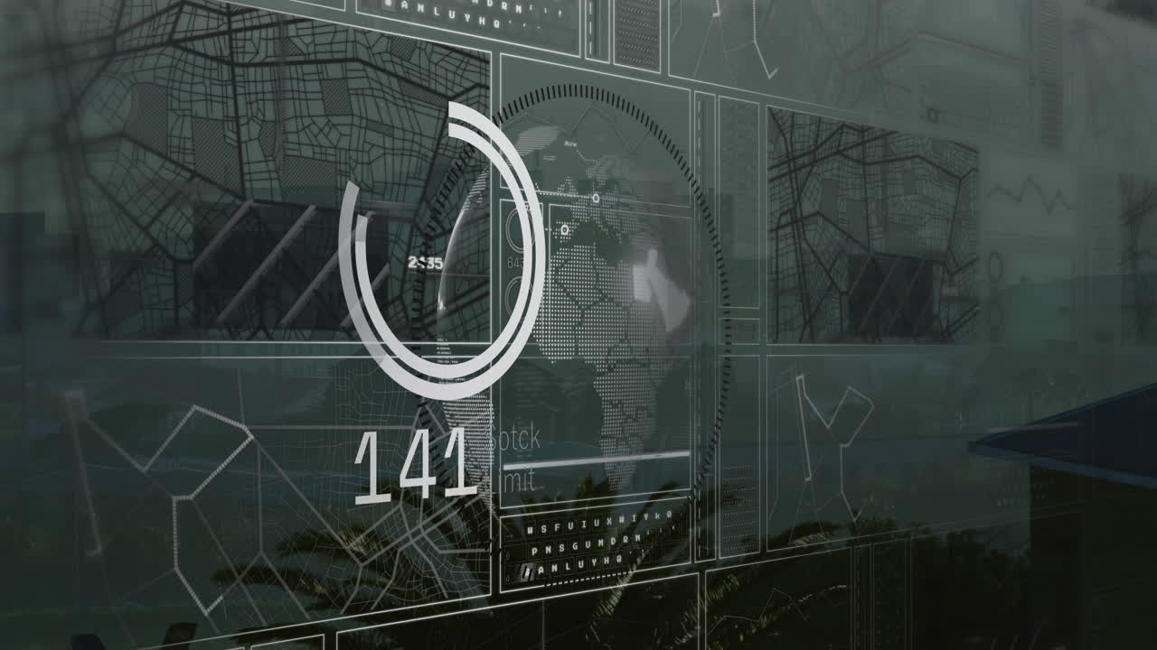 Animation of interface with data processing over spinning globe against aerial view of cityscape