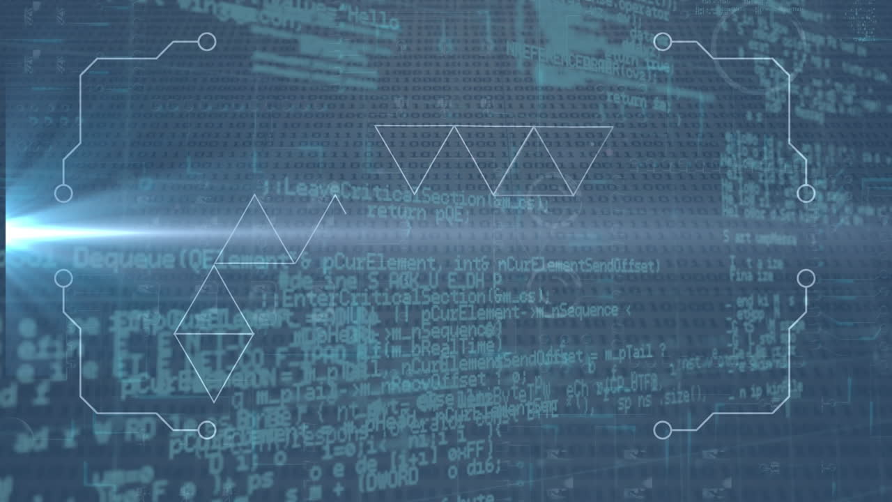 Animation of data processing over glowing computer circuit board