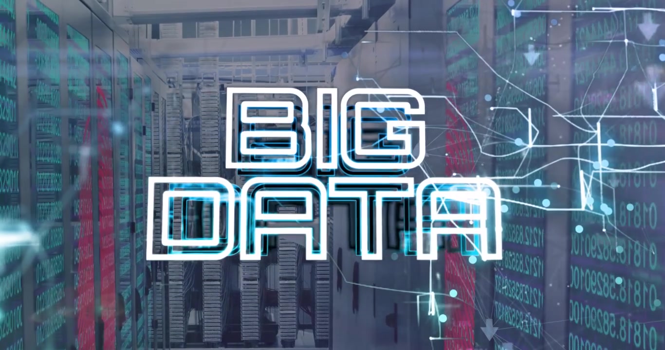 Animation of big data text banner and light trails against computer server room