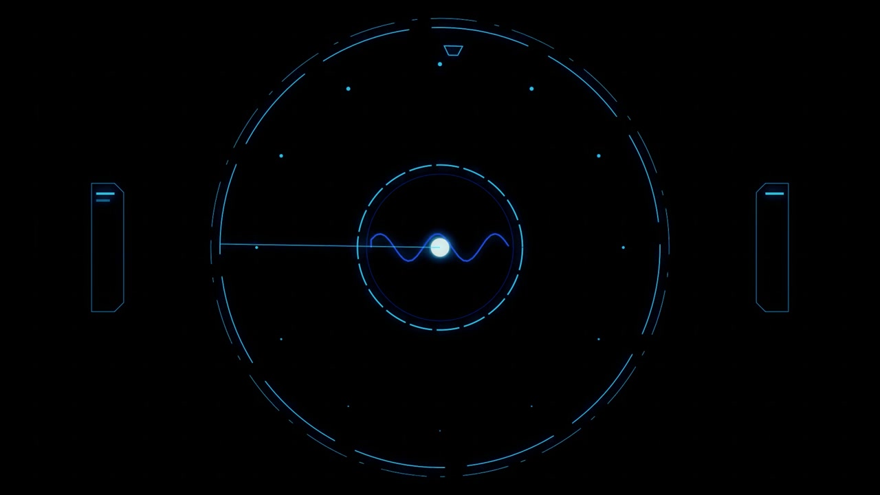 Interfaccia radar digitale futuristica in scansione su sfondo nero.