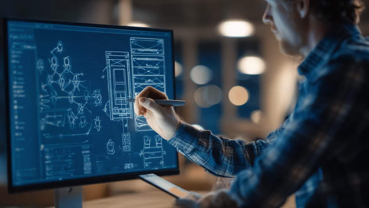 An engineer focuses intently on a digital design interface, crafting intricate blueprints and schematics while utilizing technology to create innovative solutions