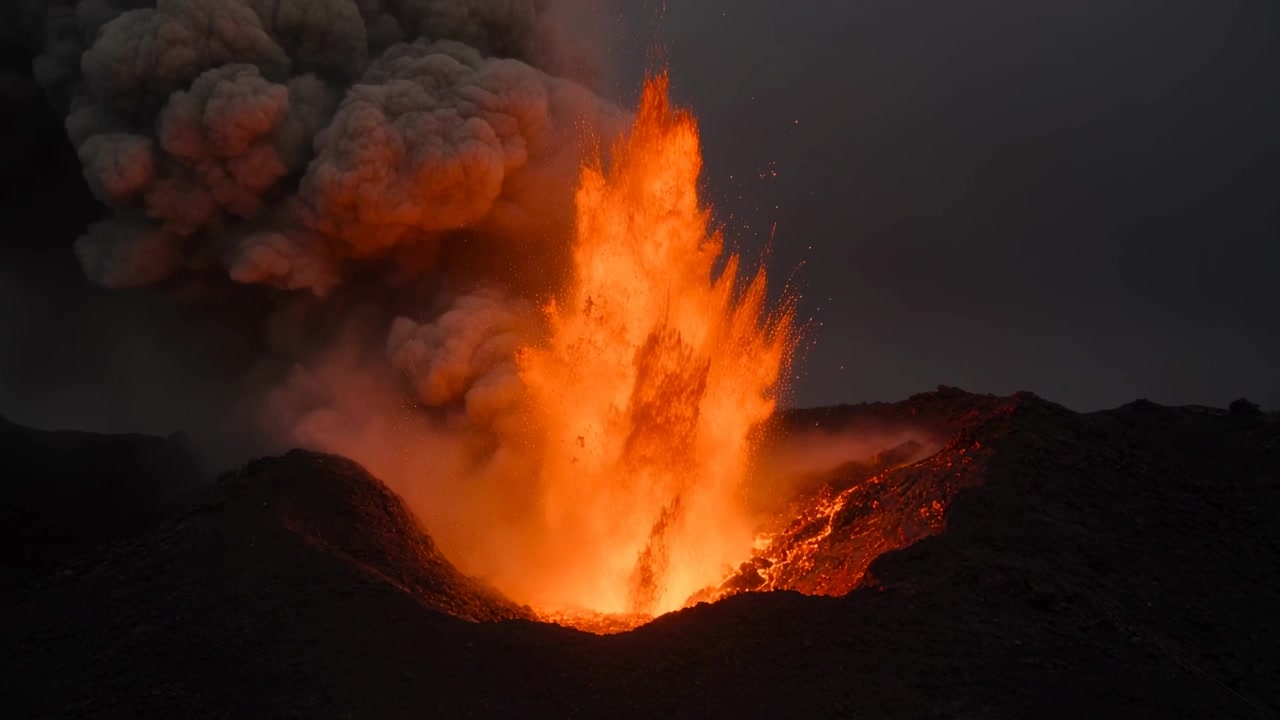 Magma surging erupting vent sending lava fountain at crater, throwing embers and growing ash plume