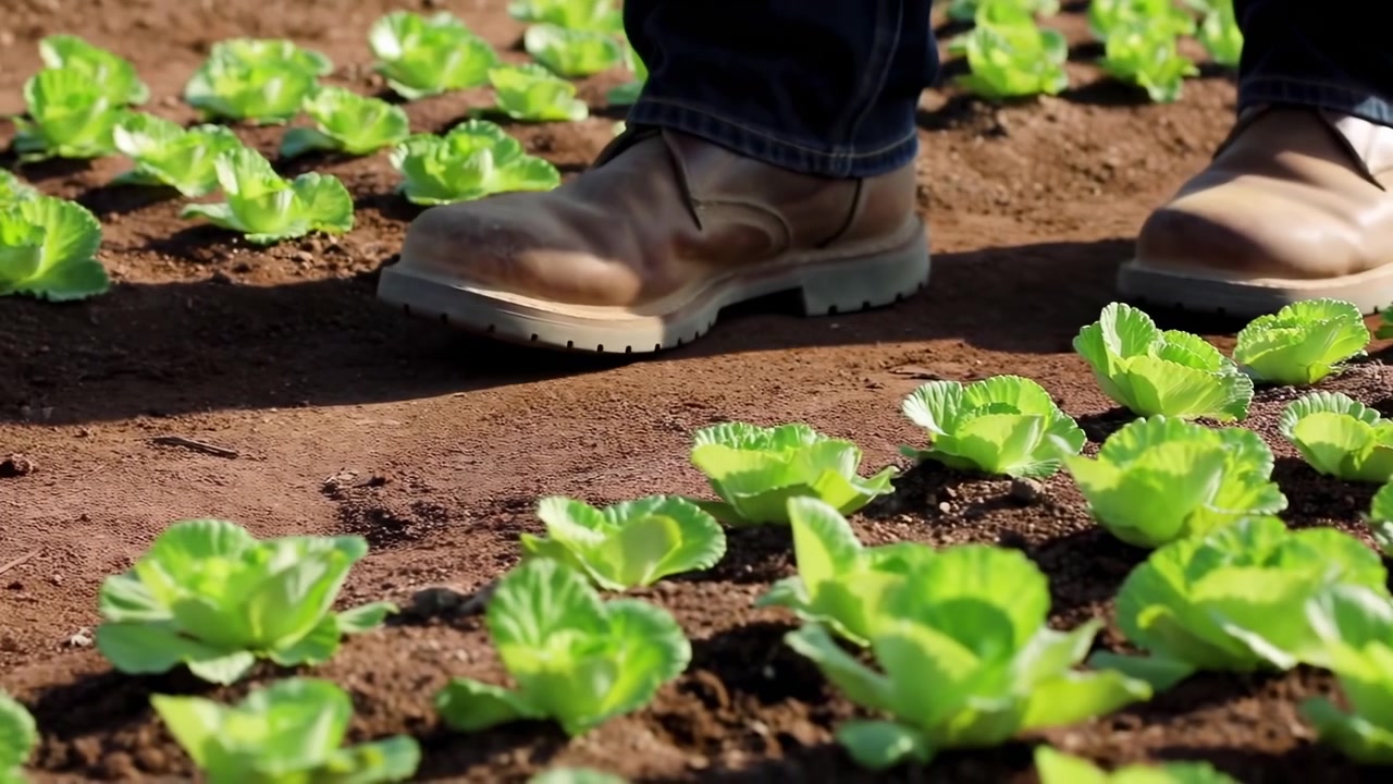 Primo piano di stivali e jeans che si muovono lungo un filare di terreno coltivato con piantine di lattuga verde brillante intorno all'inquadratura, in piena luce naturale all'aperto.