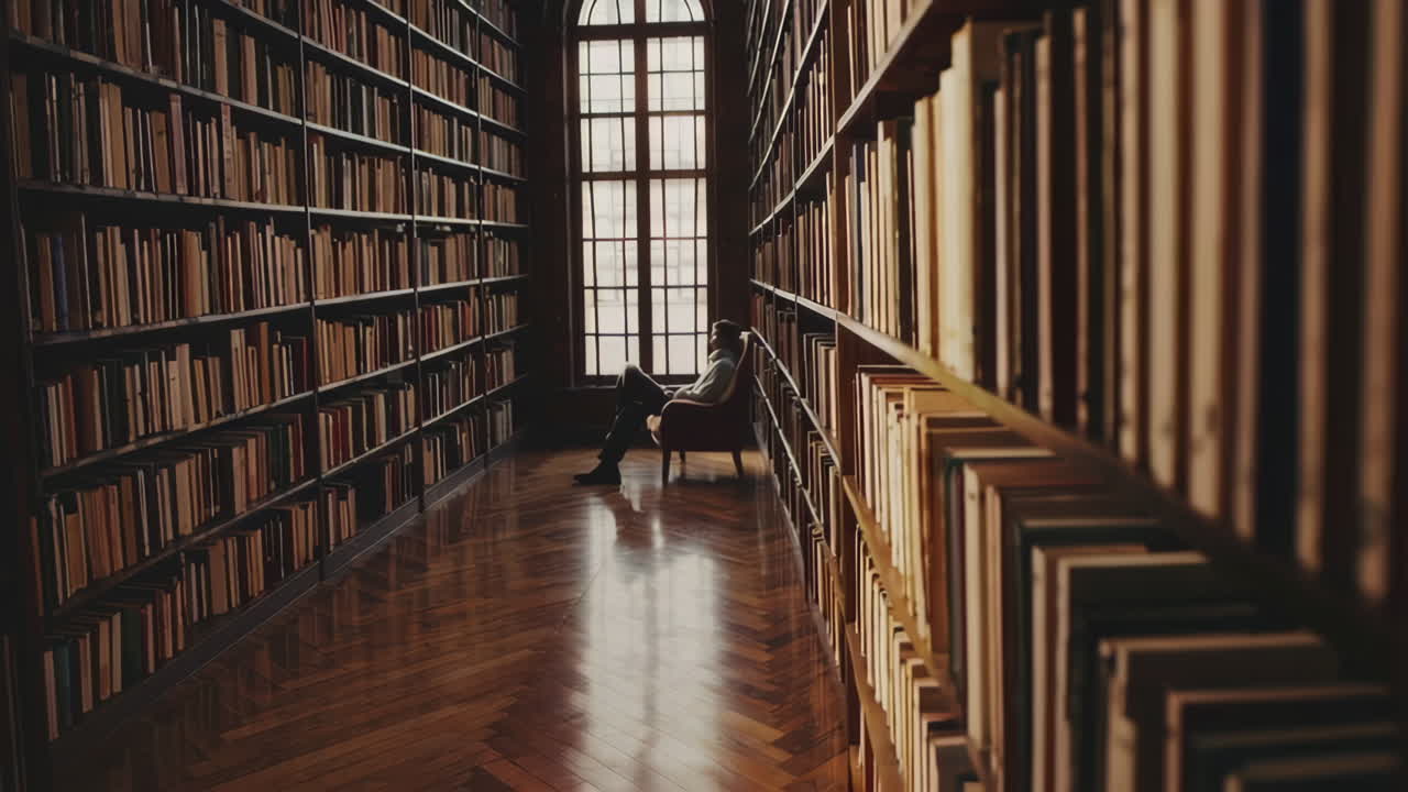 Man Reading in a Large Library