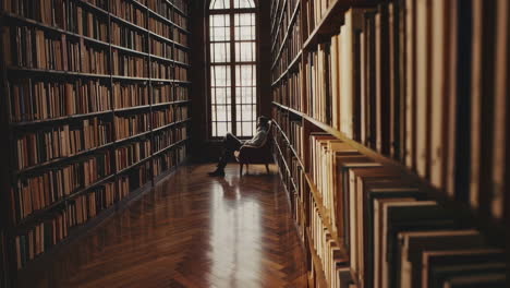 man reading in a large library