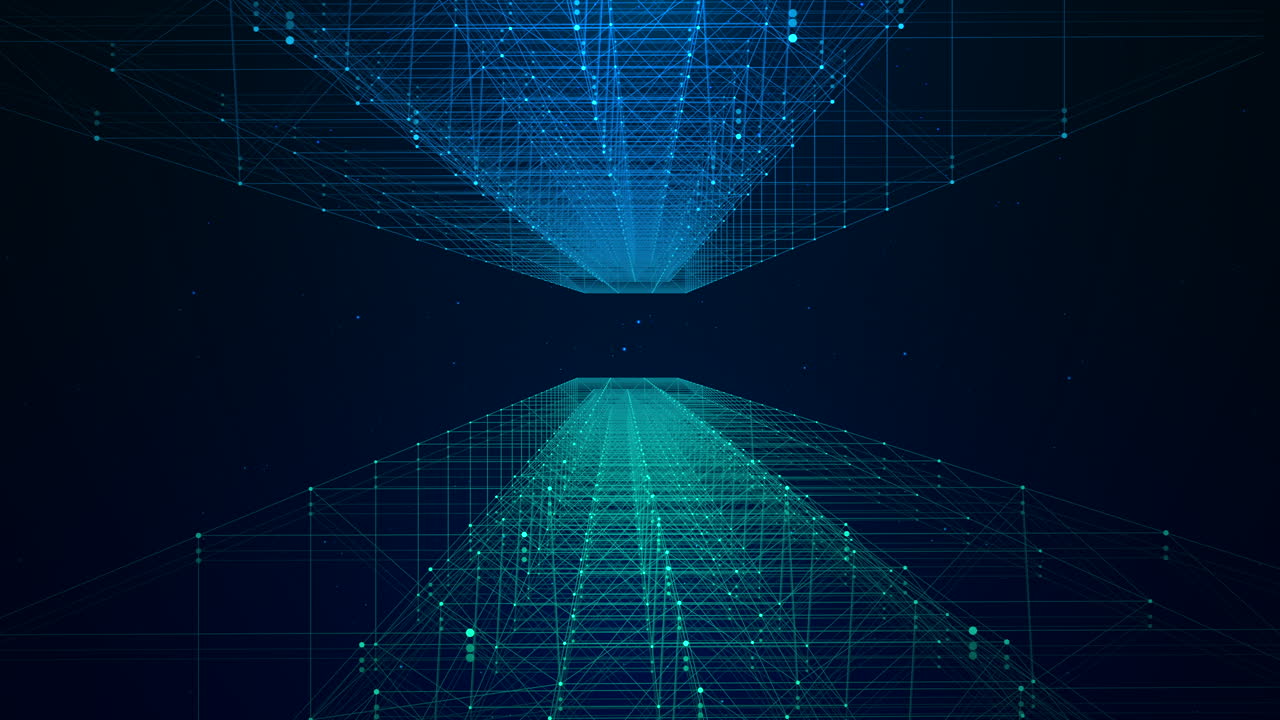 Calm slow-moving visualization of light streaks and particles representing fiber optic cables. Concept for cloud computing, global data infrastructure, and the expanding digital universe