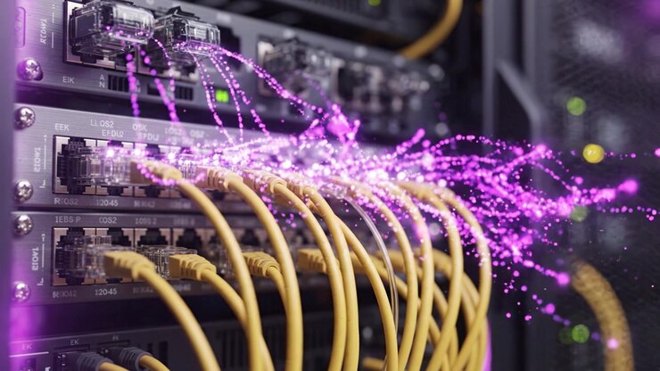 A Close-Up View of Networking Equipment with Fiber Optic Cables Highlighting Data Transmission in a Modern Data Center Environment with Stunning Visual Effects