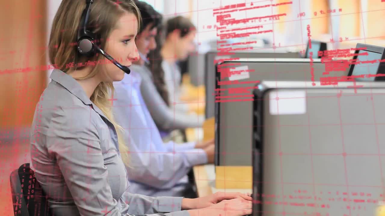 휴대폰 헤드 ⁇ 을 착용한 사람들 위에서 금융 데이터 처리의 애니메이션