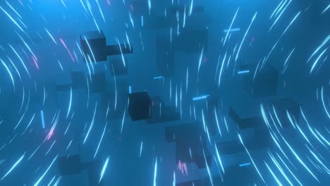 animation of 3d cubes with flying lights and blue background