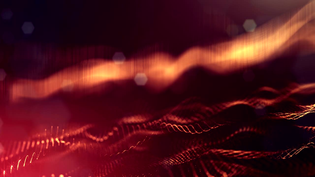 Particles form line, surface grid or mysterious virtual space. 3d seamless animation as digital science fiction background of glowing particles with depth of field, bokeh. Red gold strings 20