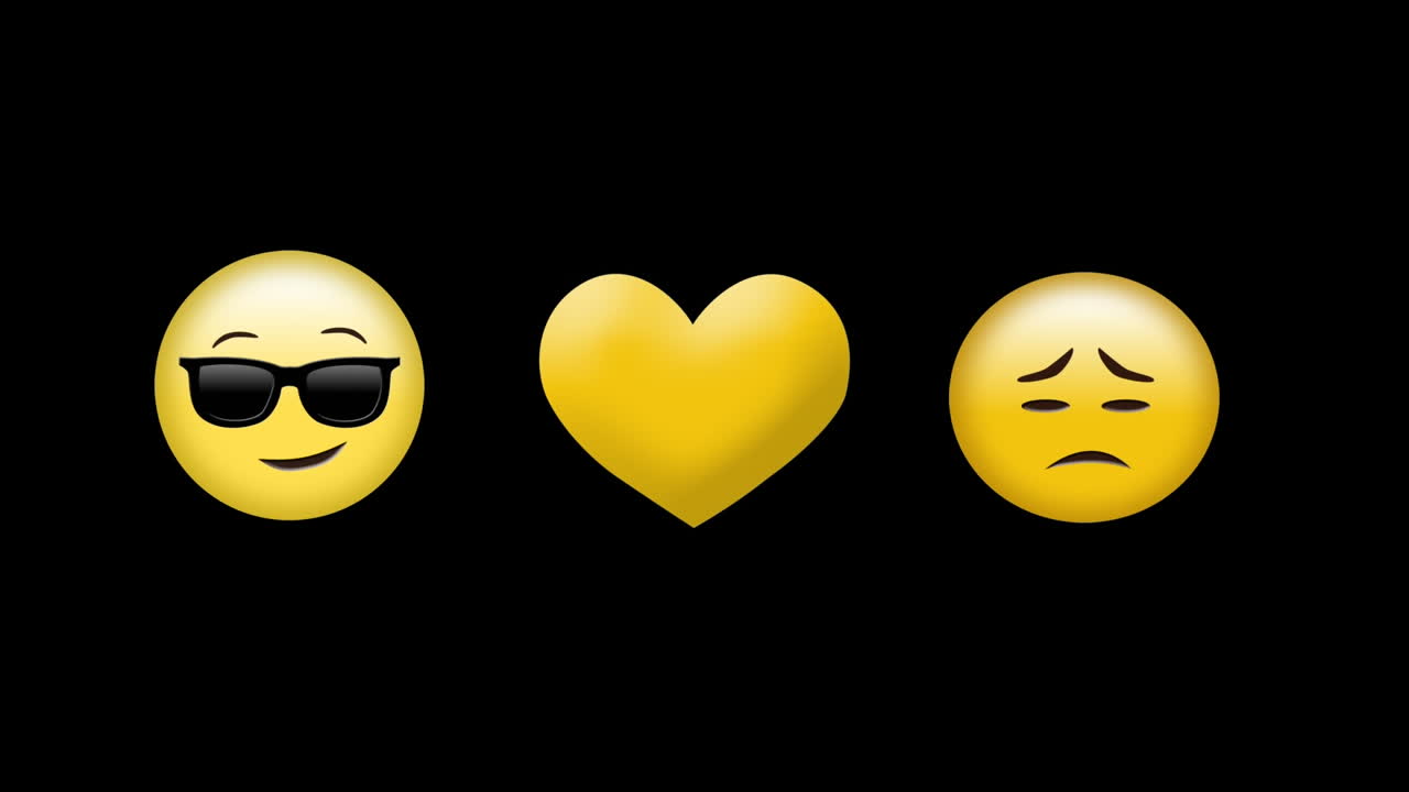 Animazione digitale di icona di cuore giallo, emoji triste e con faccia con occhiali da sole su sfondo nero.