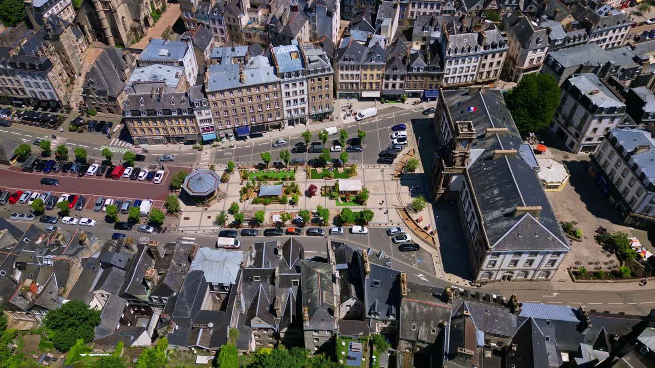 Panning drone movement near the Town hall at the city center of Morlaix, Brittany, France.