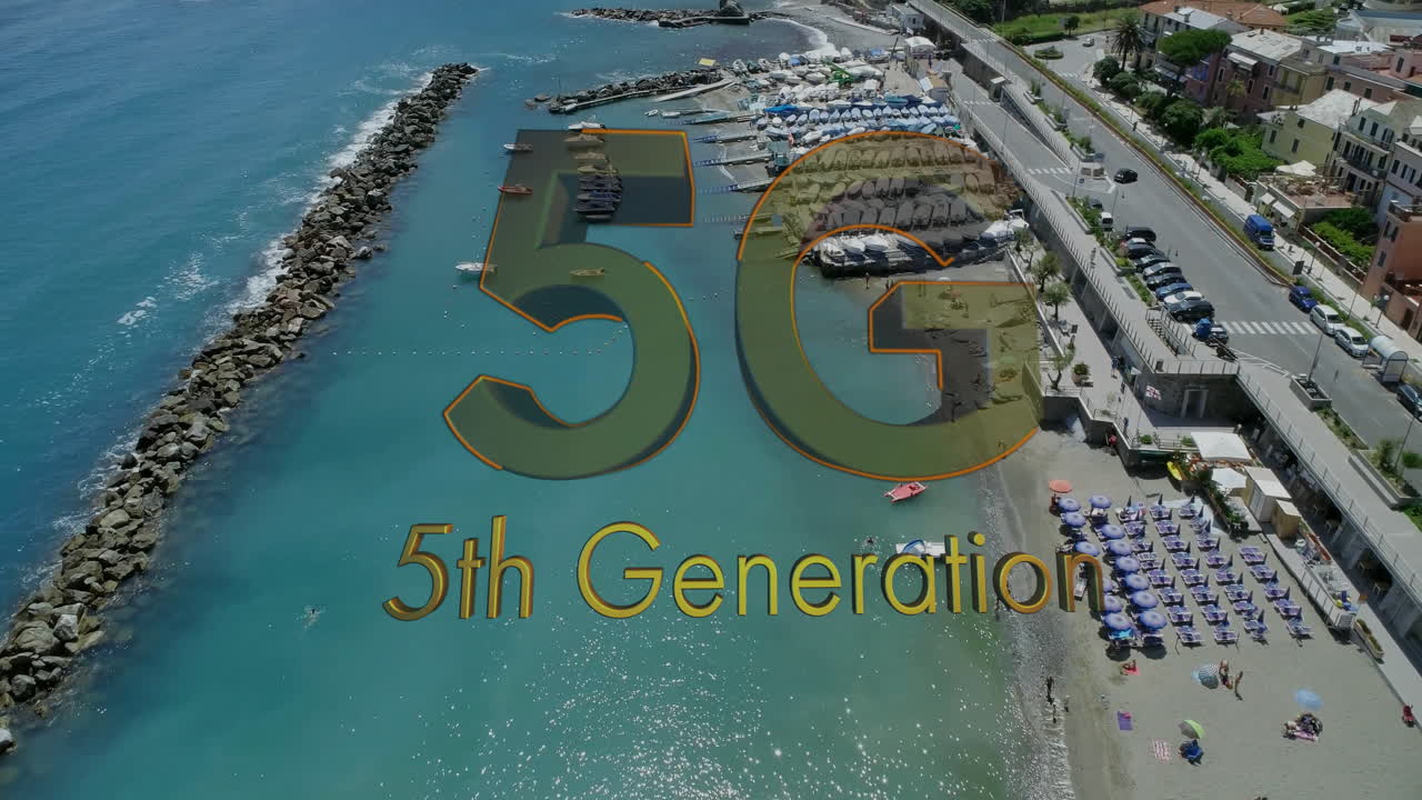 5G 5th Generation text animation over aerial view of beach and coastline