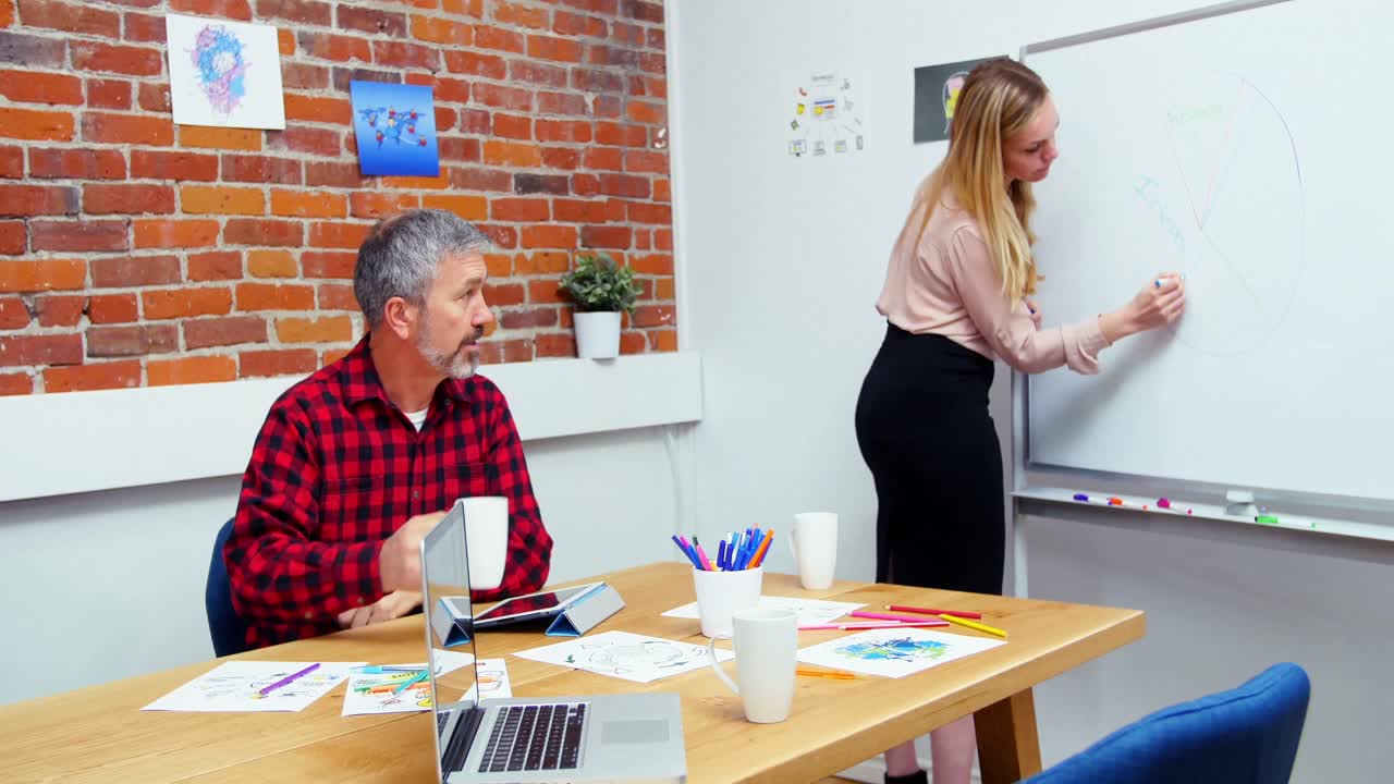 ejecutivos de negocios discutiendo en la pizarra durante la reunión