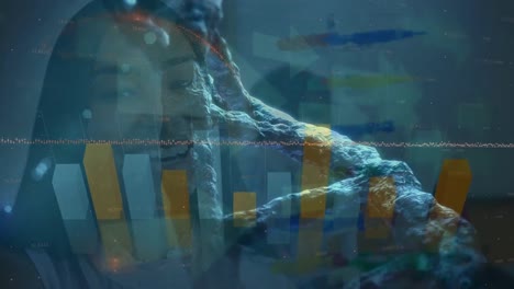 animación de gráficos y estructura de adn sobre científica de dos razas que trabaja en el laboratorio