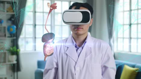 doctor using vr glasses virtual reality working with holographic scan projection 3d rendering, digestive system