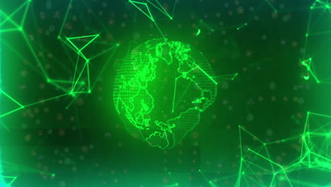 green digital globe with network connections, data processing animation over dark background