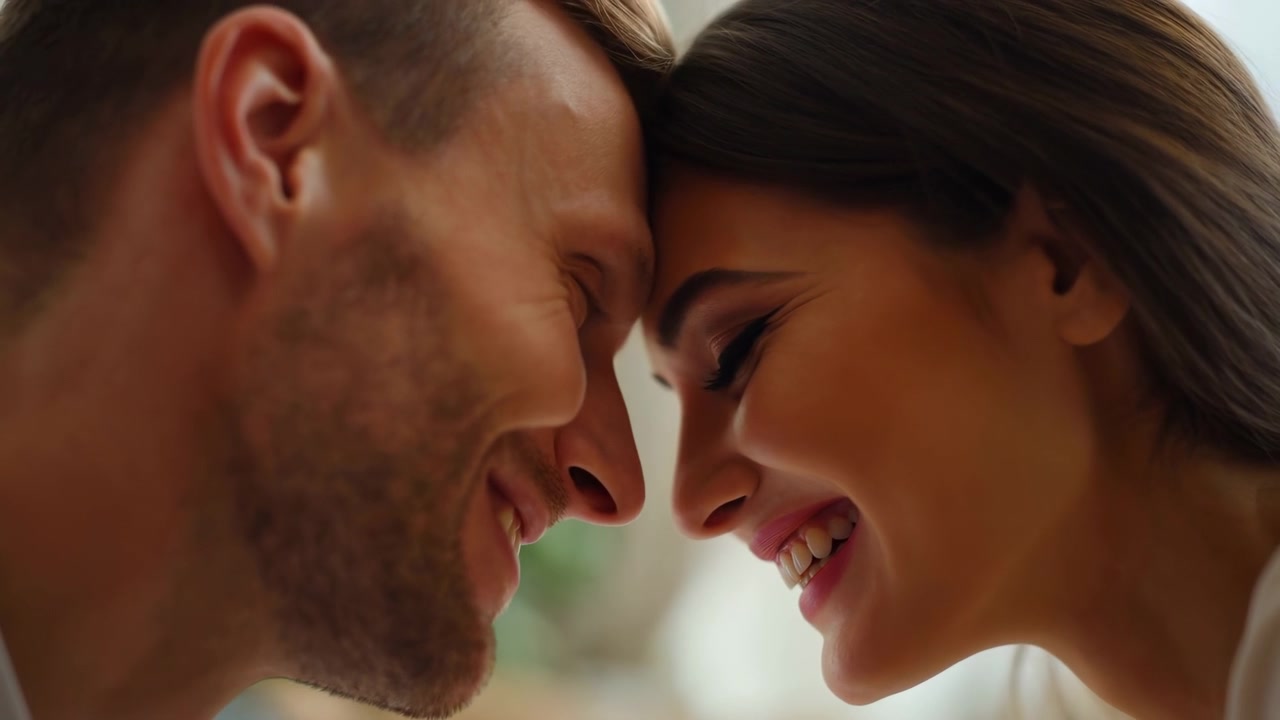 Closeup Couple Sharing Joyful Intimacy, Soft Forehead Touch, Bright Natural Light, Genuine Smiles, Playful