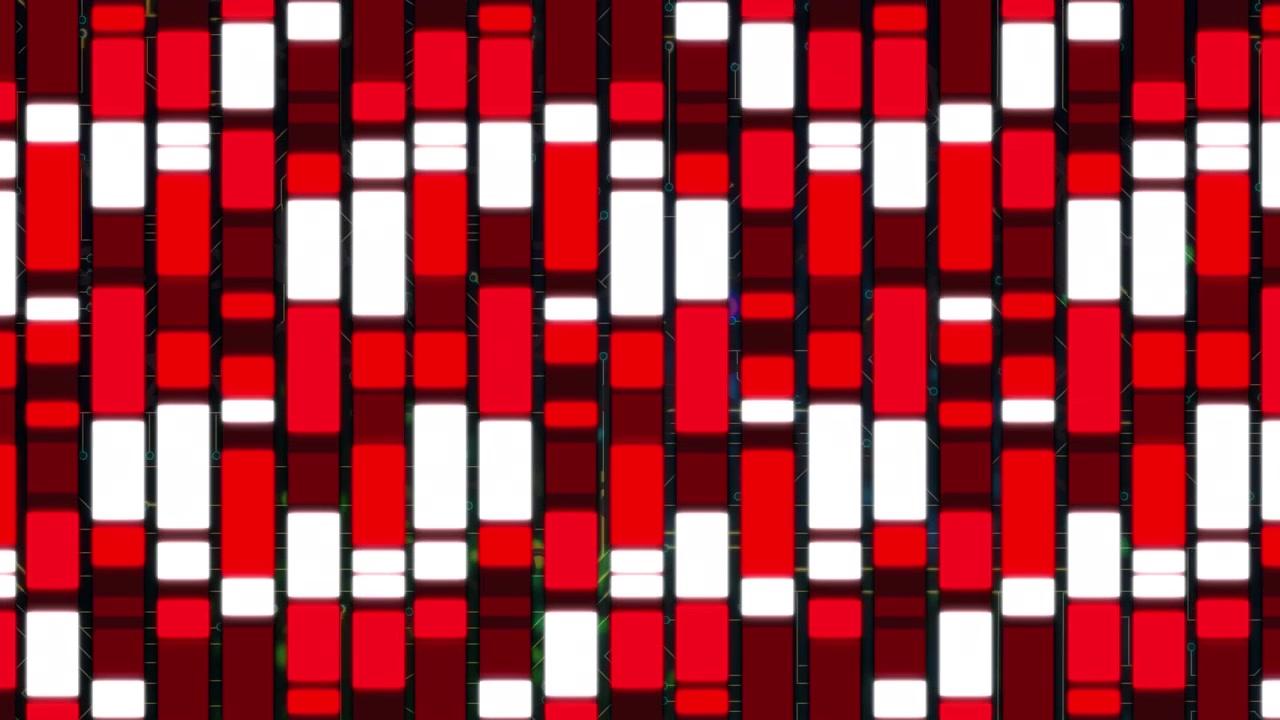 Animation af røde og hvide rektangler, der bevæger sig på sort baggrund.