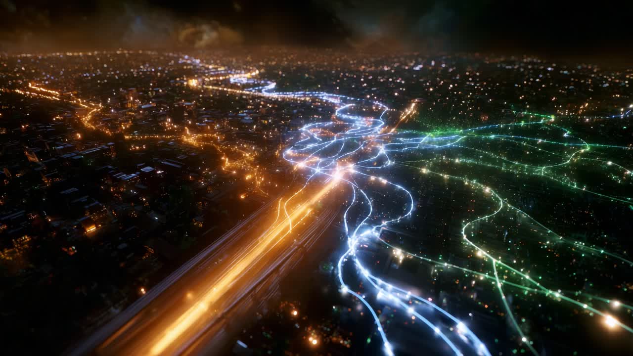 Aerial View of an Urban Landscape at Night: Illuminated Roads and Flowing Lights Creating a Stunning Visual of Connectivity and Movement Across the Cityscape, with Dynamic Light Patterns and Vibrant Colors