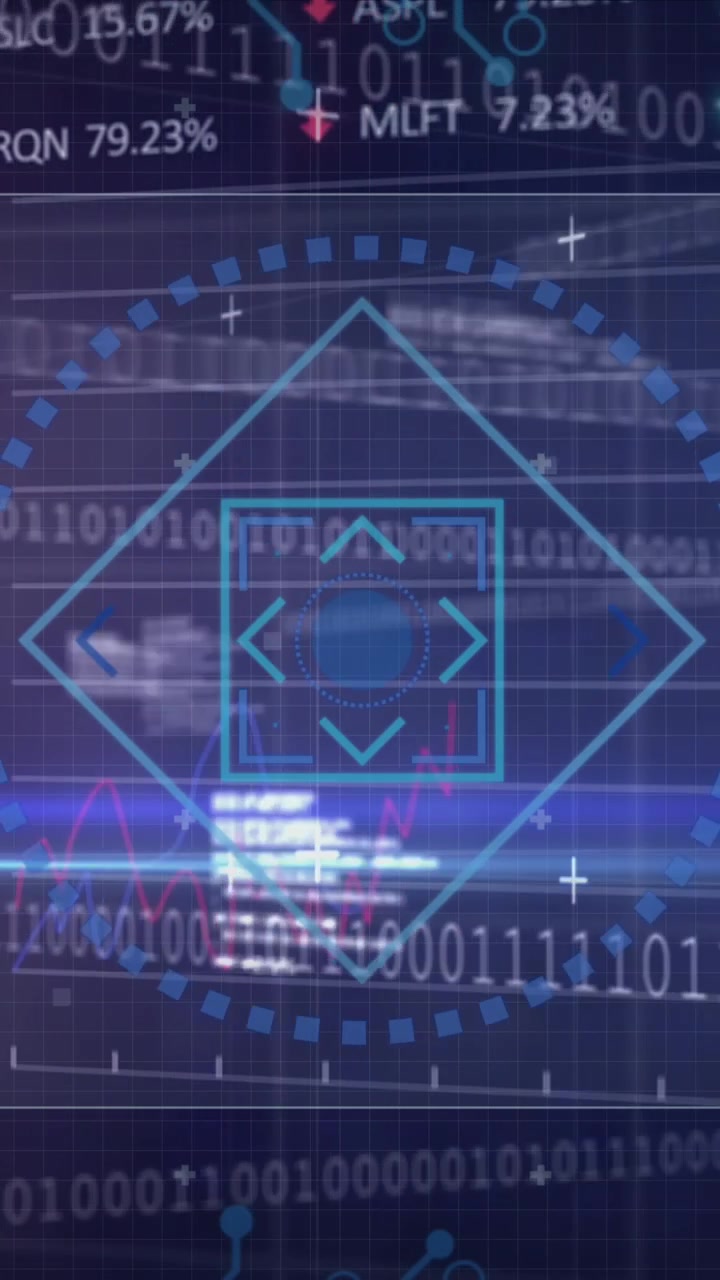 Animation of round scanner, stock market data processing and microprocessor connections