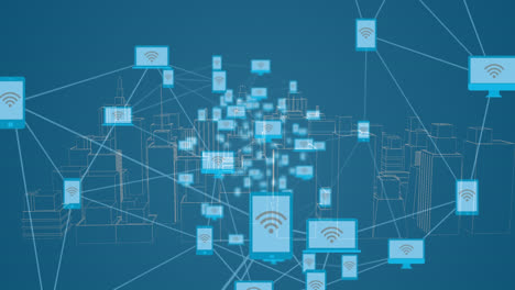 animation of network of connections over digital city on blue background